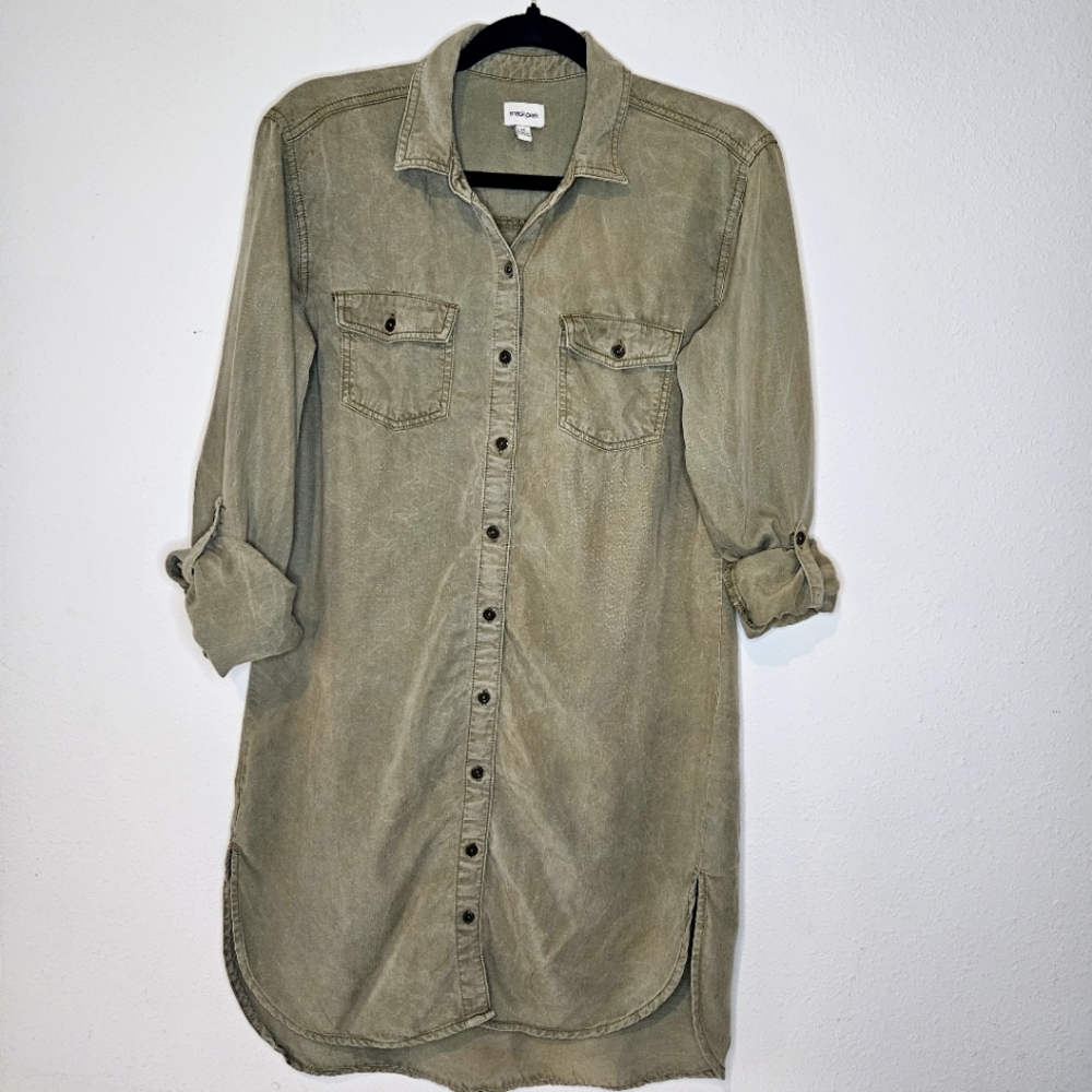 Womens Granola Girl Hiking Shirt Dress Medium Green Button Up Minimalist